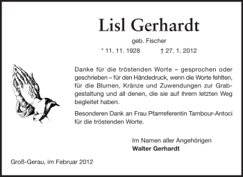 Traueranzeige von Lisl Gerhardt von Rüsselsheimer Echo, Groß-Gerauer-Echo, Ried Echo