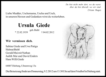 Traueranzeige von Ursula Giede von Echo-Zeitungen (Gesamtausgabe)