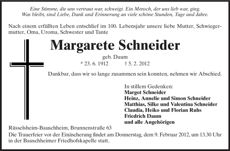  Traueranzeige für Margarete Schneider vom 08.02.2012 aus Rüsselsheimer Echo, Groß-Gerauer-Echo, Ried Echo