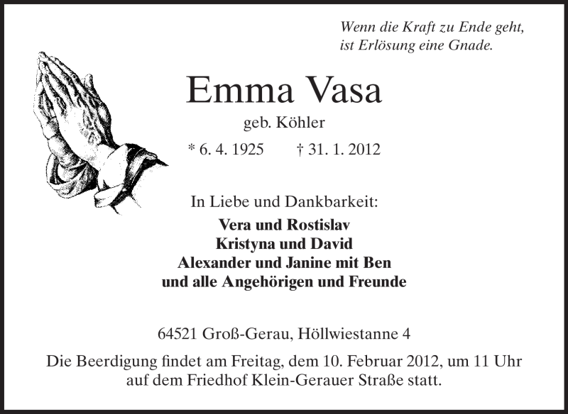  Traueranzeige für Emma Vasa vom 08.02.2012 aus Rüsselsheimer Echo, Groß-Gerauer-Echo, Ried Echo