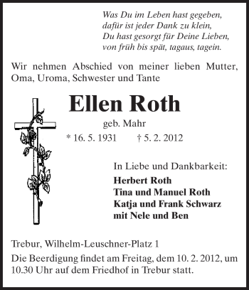 Traueranzeige von Ellen Roth von Rüsselsheimer Echo, Groß-Gerauer-Echo, Ried Echo