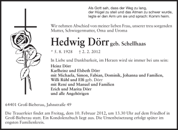 Traueranzeige von Hedwig Dörr von Echo-Zeitungen (Gesamtausgabe)