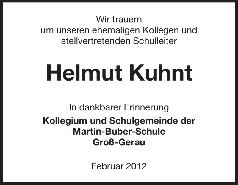  Traueranzeige für Helmut Kuhnt vom 08.02.2012 aus Rüsselsheimer Echo, Groß-Gerauer-Echo, Ried Echo
