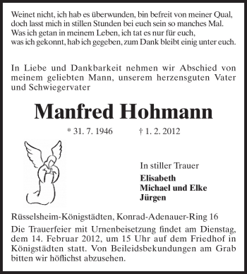 Traueranzeige von Manfred Hohmann von Rüsselsheimer Echo, Groß-Gerauer-Echo, Ried Echo