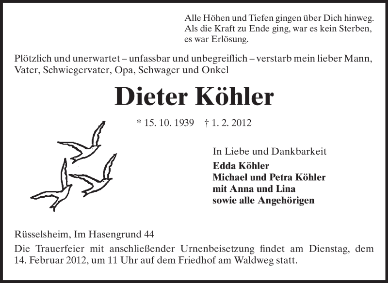  Traueranzeige für Dieter Köhler vom 08.02.2012 aus Rüsselsheimer Echo, Groß-Gerauer-Echo, Ried Echo