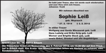 Traueranzeige von Sophie Leiß von Odenwälder Echo