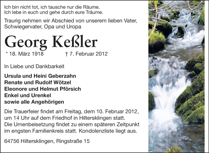  Traueranzeige für Georg Keßler vom 08.02.2012 aus Odenwälder Echo