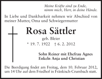 Traueranzeige von Rosa Sättler von Odenwälder Echo