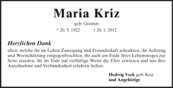 Traueranzeige von Maria Kriz von Starkenburger Echo