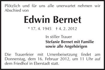 Traueranzeige von Edwin Bernet von Echo-Zeitungen (Gesamtausgabe)