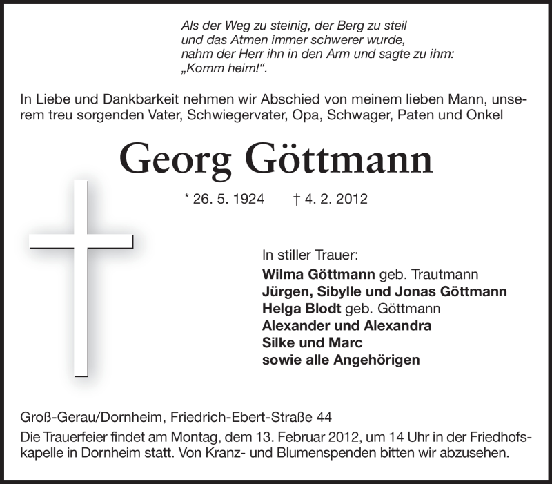  Traueranzeige für Georg Göttmann vom 09.02.2012 aus Rüsselsheimer Echo, Groß-Gerauer-Echo, Ried Echo
