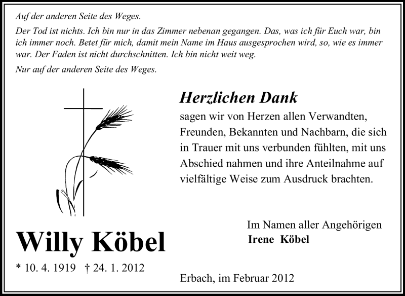  Traueranzeige für Willy Köbel vom 11.02.2012 aus Odenwälder Echo