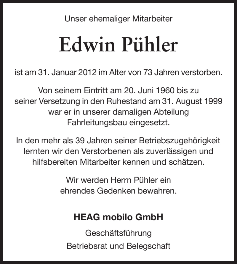  Traueranzeige für Edwin Pühler vom 09.02.2012 aus Echo-Zeitungen (Gesamtausgabe)