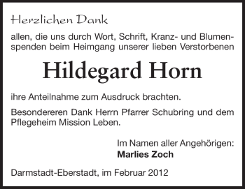 Traueranzeige von Hildegard Horn von Echo-Zeitungen (Gesamtausgabe)