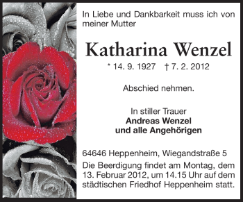 Traueranzeige von Katharina Wenzel von Starkenburger Echo, Bergsträßer Anzeiger