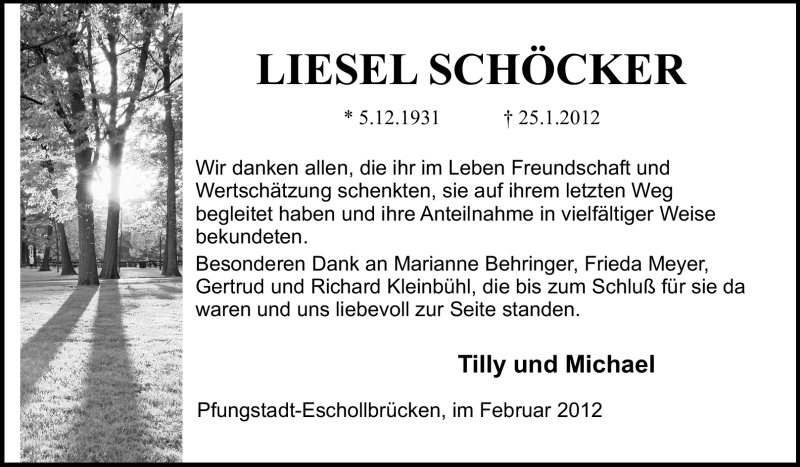  Traueranzeige für Liesel Schöcker vom 11.02.2012 aus Echo-Zeitungen (Gesamtausgabe)