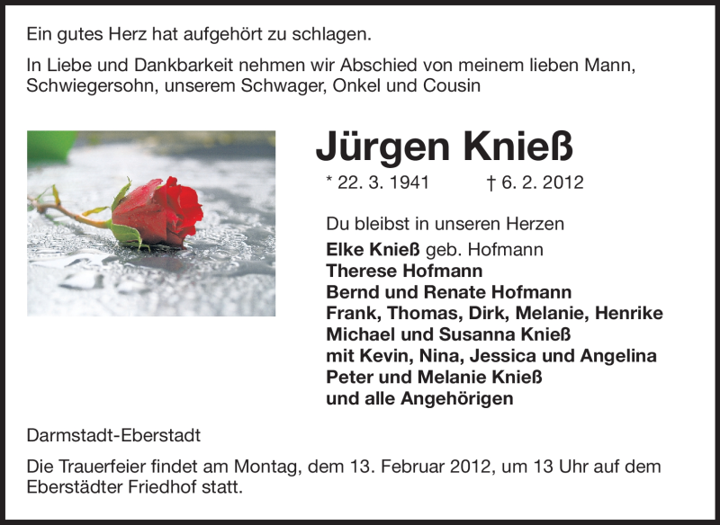  Traueranzeige für Jürgen Knieß vom 11.02.2012 aus Echo-Zeitungen (Gesamtausgabe)