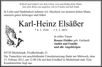 Traueranzeige von Karl-Heinz Elsäßer von Odenwälder Echo