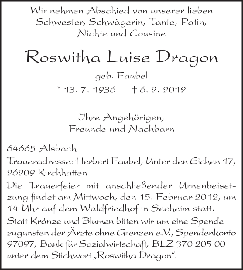  Traueranzeige für Roswitha Dragon vom 11.02.2012 aus Echo-Zeitungen (Gesamtausgabe)