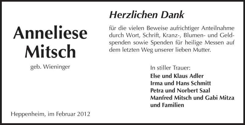  Traueranzeige für Anneliese Mitsch vom 11.02.2012 aus Starkenburger Echo