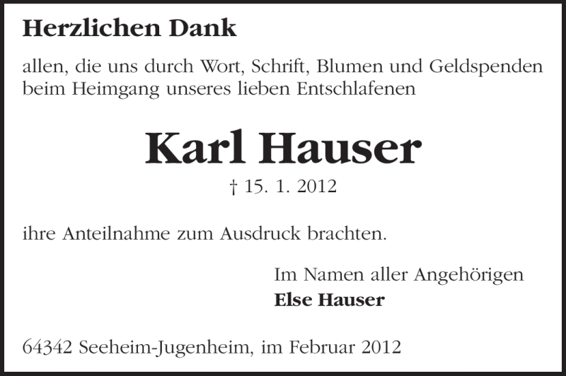  Traueranzeige für Karl Hauser vom 11.02.2012 aus Echo-Zeitungen (Gesamtausgabe)