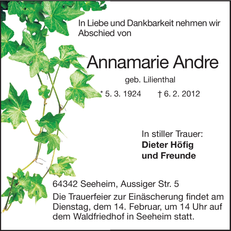  Traueranzeige für Annamarie Andre vom 11.02.2012 aus Echo-Zeitungen (Gesamtausgabe)