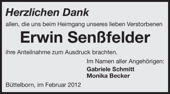 Traueranzeige von Erwin Senßfelder von Rüsselsheimer Echo, Groß-Gerauer-Echo, Ried Echo