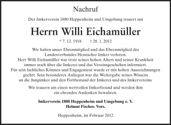 Traueranzeige von Willi Eichamüller von Starkenburger Echo