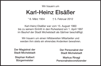Traueranzeige von Karl-Heinz Elsäßer von Odenwälder Echo