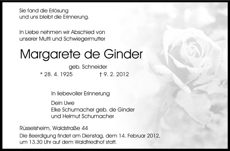  Traueranzeige für Margarete de Ginder vom 11.02.2012 aus Rüsselsheimer Echo, Groß-Gerauer-Echo, Ried Echo