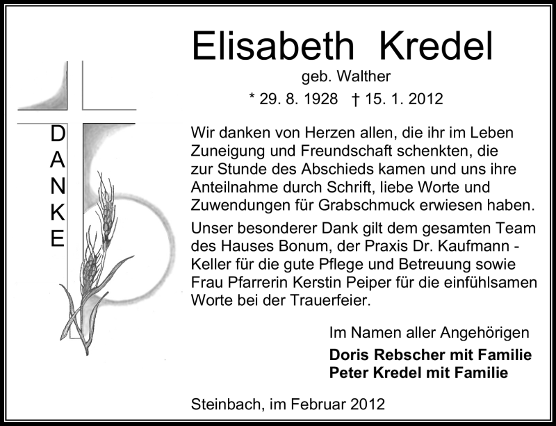  Traueranzeige für Elisabeth Kredel vom 11.02.2012 aus Odenwälder Echo