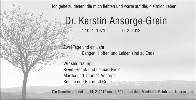  Traueranzeige für Kerstin Ansorge-Grein vom 11.02.2012 aus Echo-Zeitungen (Gesamtausgabe)