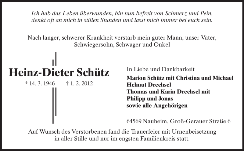  Traueranzeige für Heinz-Dieter Schütz vom 18.02.2012 aus Rüsselsheimer Echo, Groß-Gerauer-Echo, Ried Echo
