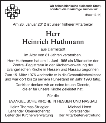 Traueranzeige von Heinrich Huthmann von Echo-Zeitungen (Gesamtausgabe)