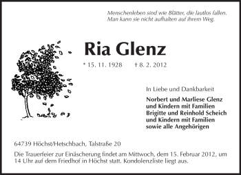 Traueranzeige von Ria Glenz von Odenwälder Echo