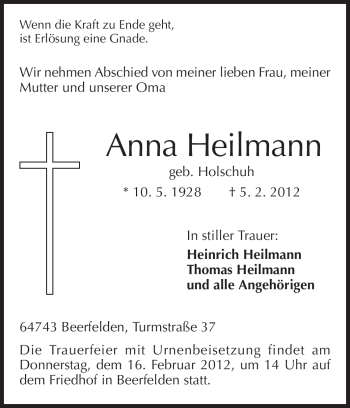 Traueranzeige von Anna Heilmann von Odenwälder Echo