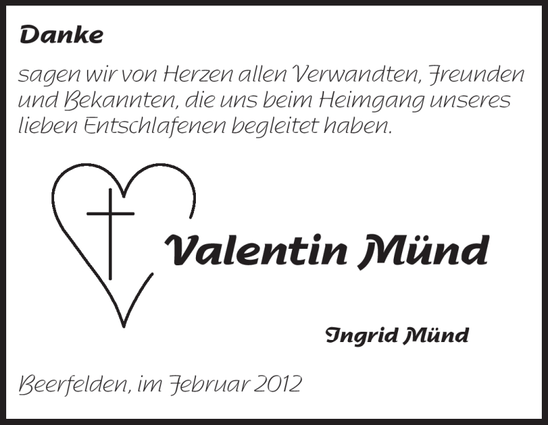  Traueranzeige für Valentin Münd vom 14.02.2012 aus Odenwälder Echo