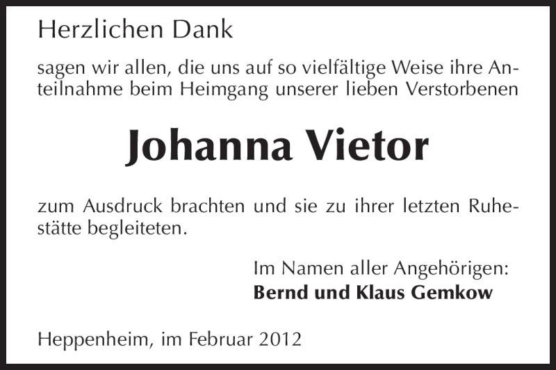  Traueranzeige für Johanna Vietor vom 15.02.2012 aus Starkenburger Echo