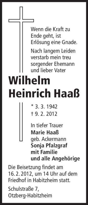 Traueranzeige von Wilhelm Heinrich Haaß von Darmstädter Echo, Odenwälder Echo, Rüsselsheimer Echo, Groß-Gerauer-Echo, Ried Echo