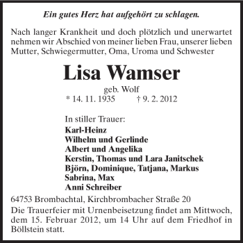 Traueranzeige von Lisa Wamser von Odenwälder Echo