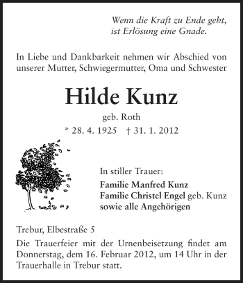Traueranzeige von Hilde Kunz von Rüsselsheimer Echo, Groß-Gerauer-Echo, Ried Echo