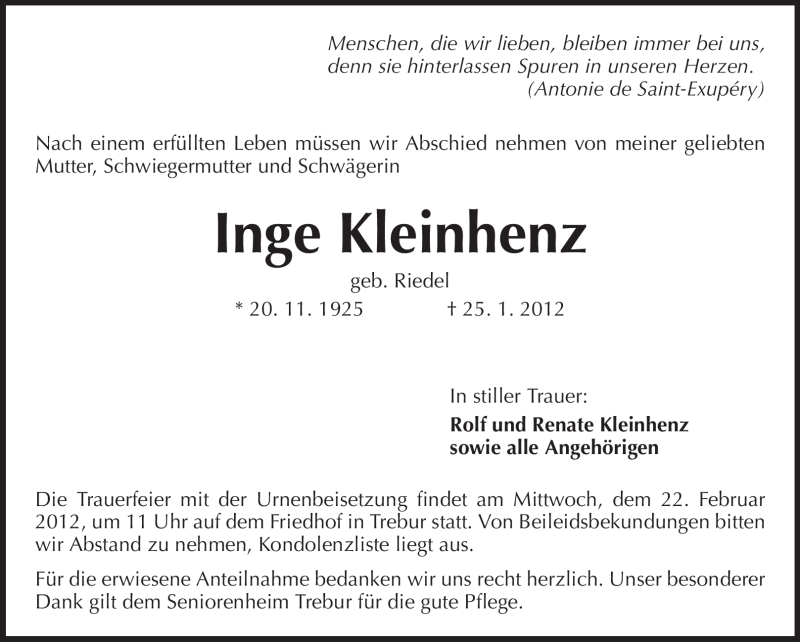  Traueranzeige für Inge Kleinhenz vom 17.02.2012 aus Rüsselsheimer Echo, Groß-Gerauer-Echo, Ried Echo