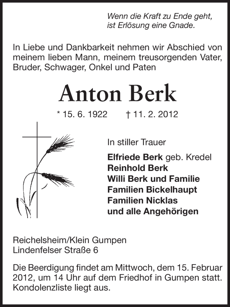  Traueranzeige für Anton Berk vom 14.02.2012 aus Odenwälder Echo