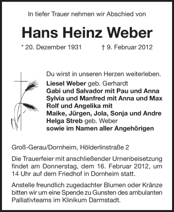 Traueranzeige von Hans Heinz Weber von Rüsselsheimer Echo, Groß-Gerauer-Echo, Ried Echo