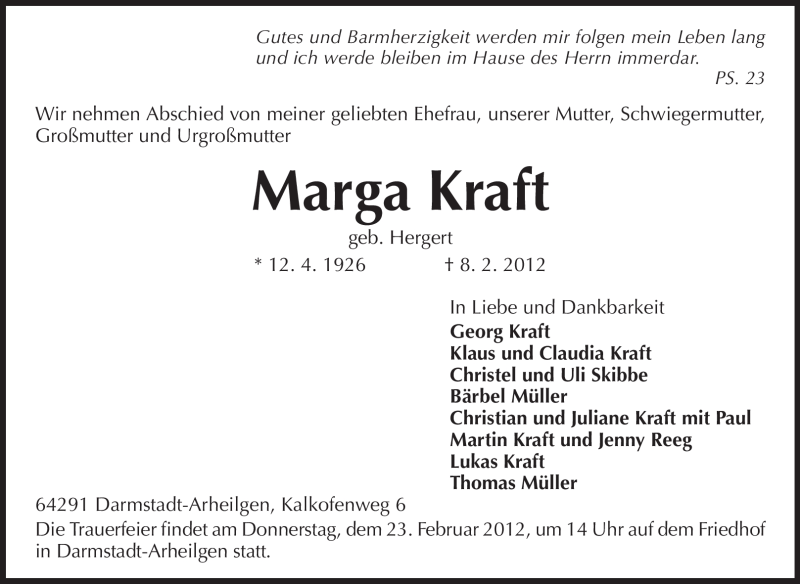  Traueranzeige für Marga Kraft vom 18.02.2012 aus Echo-Zeitungen (Gesamtausgabe)