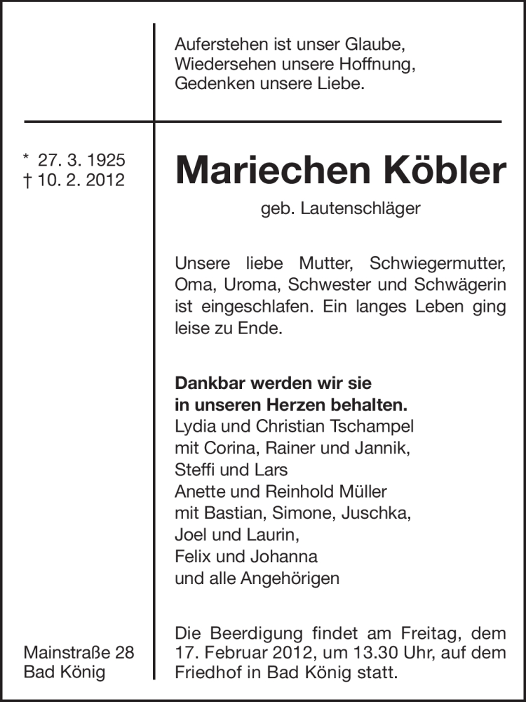 Traueranzeige für Mariechen Köbler vom 15.02.2012 aus Odenwälder Echo