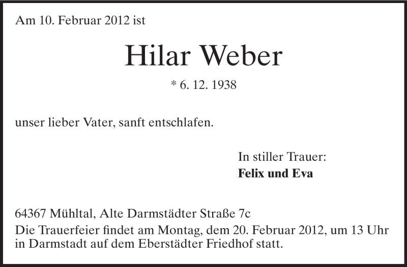  Traueranzeige für Hilar Weber vom 15.02.2012 aus Echo-Zeitungen (Gesamtausgabe)