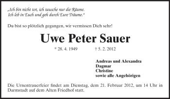 Traueranzeige von Uwe Peter Sauer von Darmstädter Echo, Odenwälder Echo, Rüsselsheimer Echo, Groß-Gerauer-Echo, Ried Echo