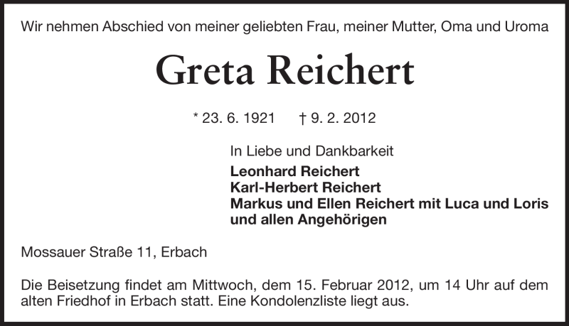  Traueranzeige für Greta Reichert vom 14.02.2012 aus Odenwälder Echo
