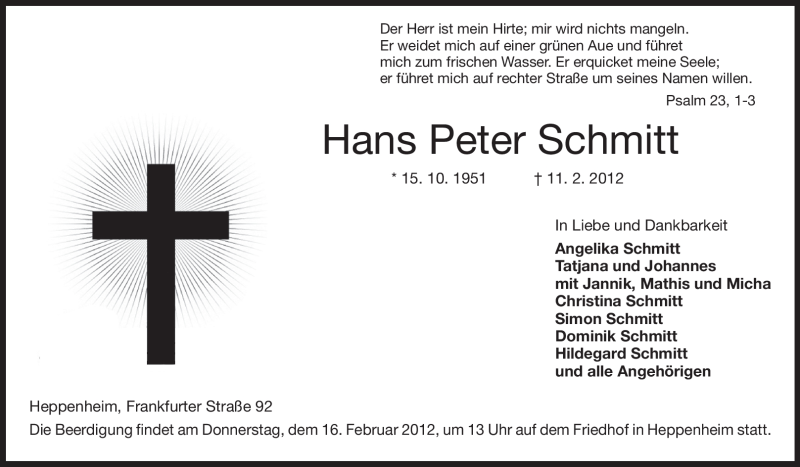  Traueranzeige für Hans Peter Schmitt vom 14.02.2012 aus Starkenburger Echo